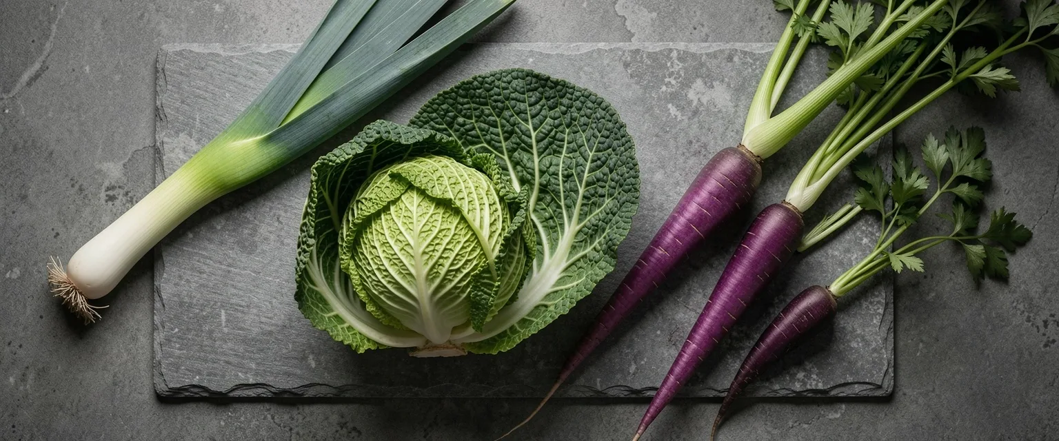 Vibrant seasonal UK produce on stone